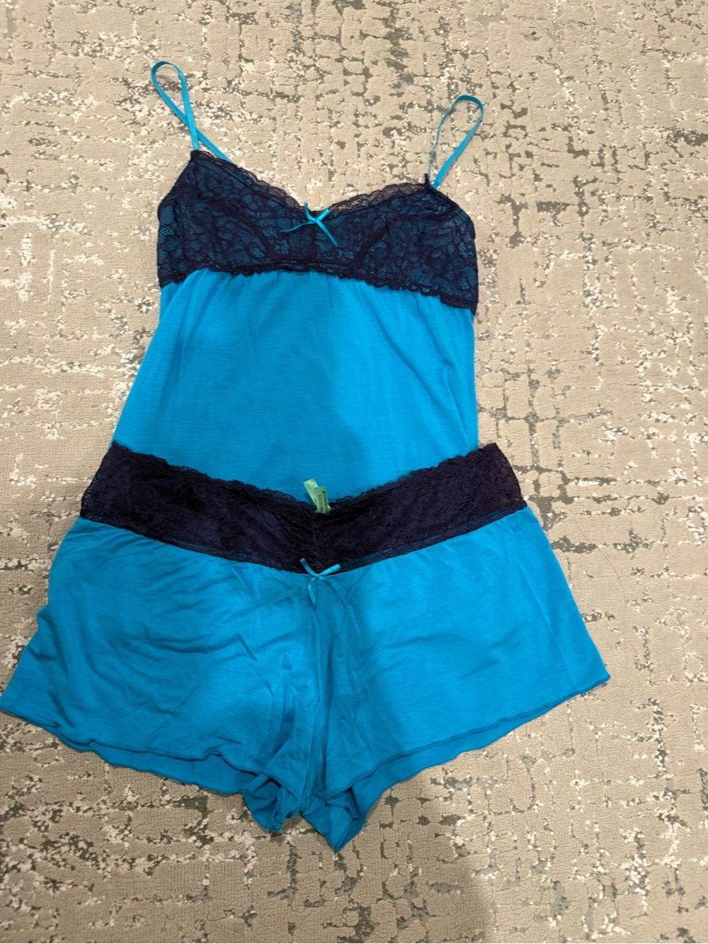 Honeydew Intimates Teal Romper with Navy Lace Trim